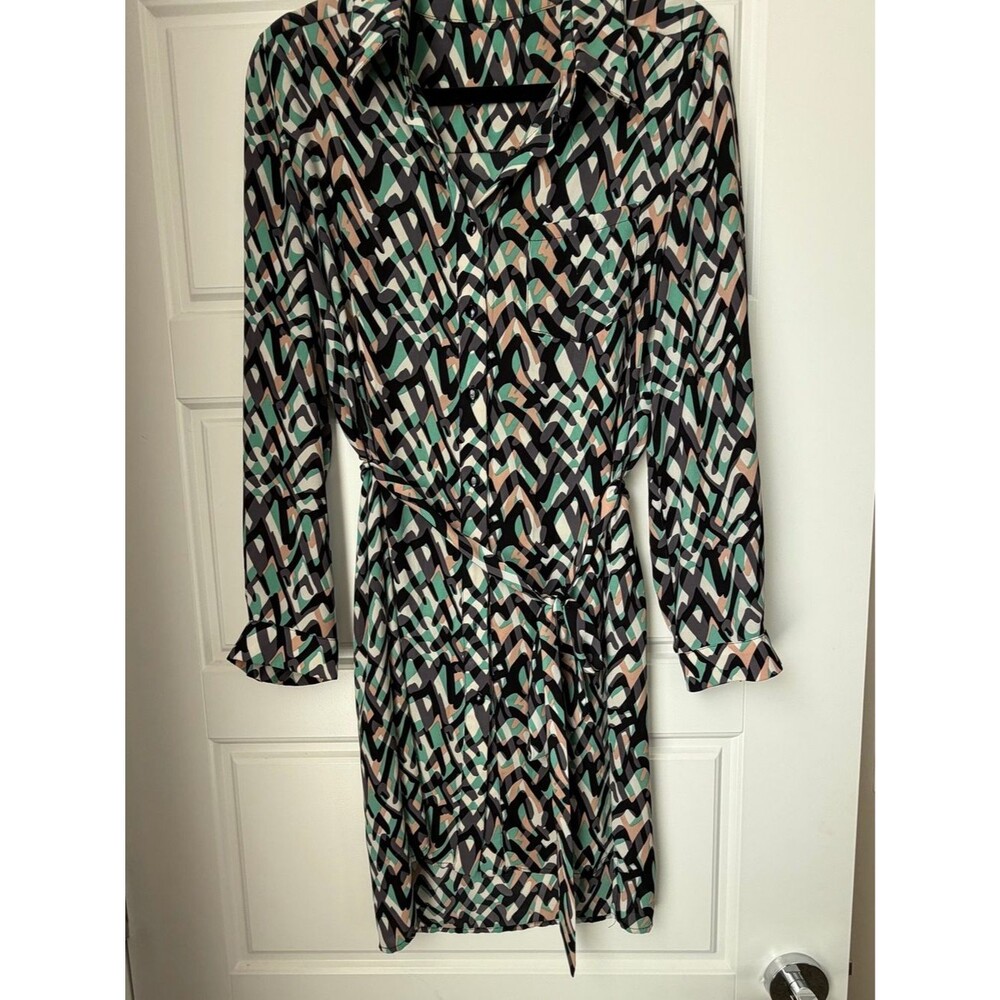 Jade Long-Sleeve Geometric Print Tie-Waist Dress in Black, Mint & Blush-S